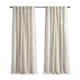 Cotton Printed Curtain Panel With Chenille Stripe And Lining Ivory 50x84 (Option: MultiColor)